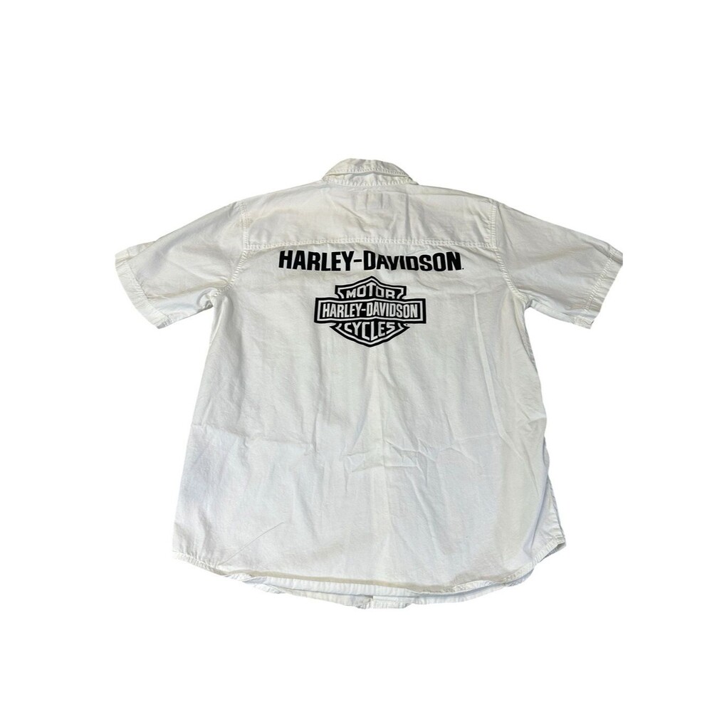 Harley-Davidson Y2K White Button Up Shirt Mens M Short Sleeve Bar Shield Logo